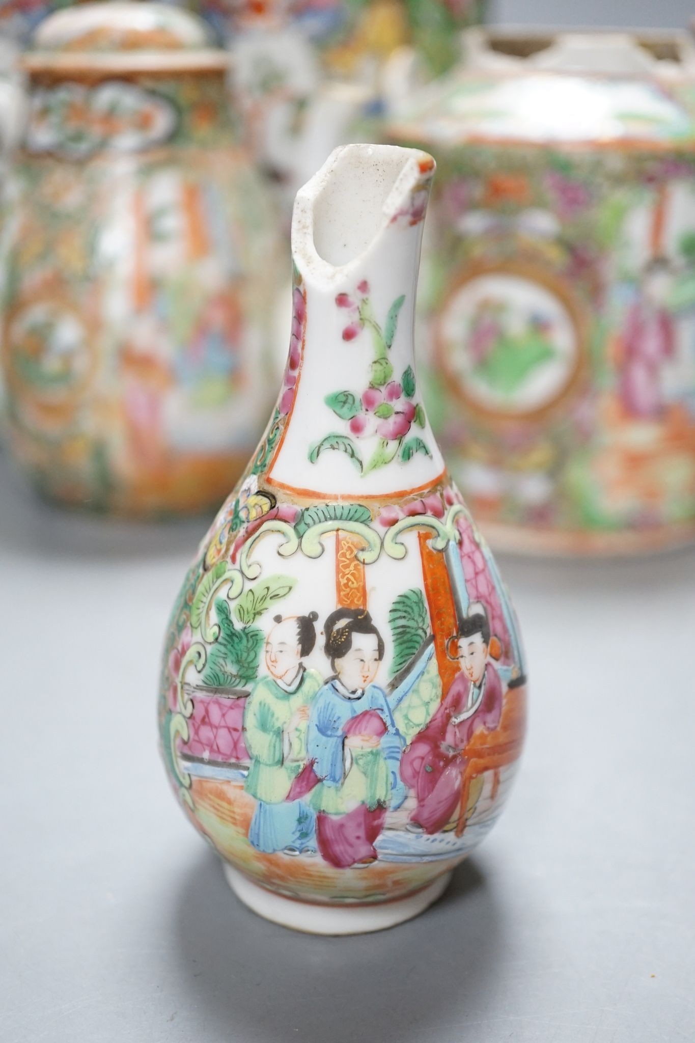 A group of Canton famille teawares and vases, largest 25cm